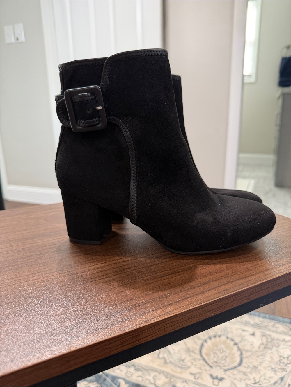 White Mountain Black Suede Buckle Block Heel Ankle Boots
